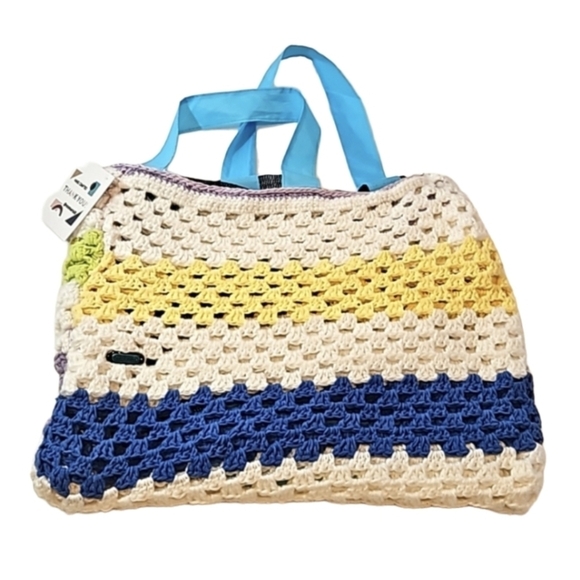 Handcrafted Upcycle Bag Hand Knit Crochet Stitch Handmade Multicolored Stripes - Picture 3 of 17